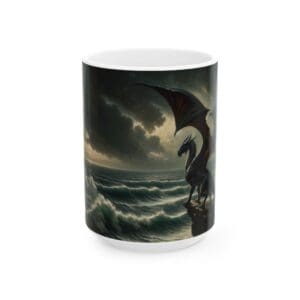 Dragon overlooking stormy ocean on mug.