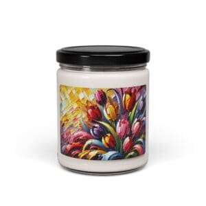 Glass jar candle with colorful floral label.