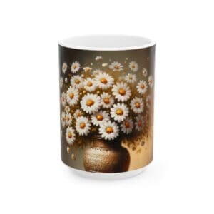 Vase with daisies painting on mug.