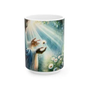 Mug with serene floral and light design.