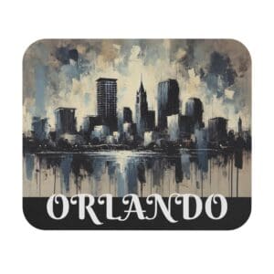 Orlando skyline painting with text overlay.