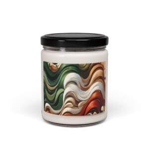 Glass jar candle with abstract swirl design.