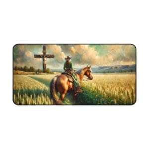 Rider on horse in wheat field landscape.