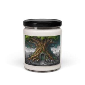 Candle jar with mystical tree illustration.