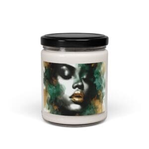 Candle jar with abstract face design label.