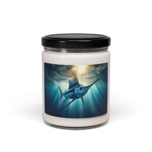 Candle jar with marlin underwater image.