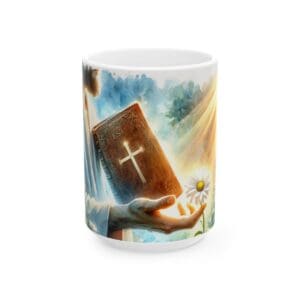 Hand holding Bible and flower, sunlight background.