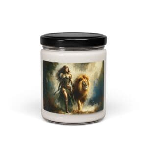 Candle jar with warrior and lion artwork.