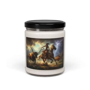 Candle jar with cowboy and lightning image.