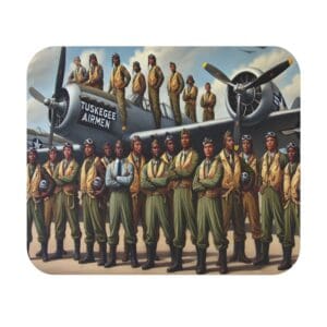 Tuskegee Airmen posing in front of aircraft.