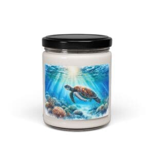 Candle jar with sea turtle design.