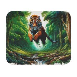Tiger leaping through lush green forest.