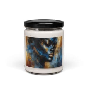 Candle jar with abstract face artwork.