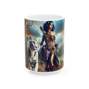 Woman with white tiger on mug.