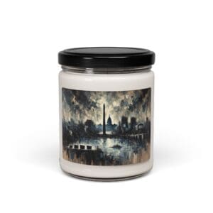 Candle jar with cityscape painting label.