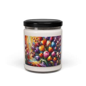 Colorful floral candle in glass jar.