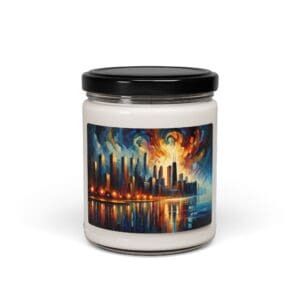 Candle with vibrant cityscape label design.