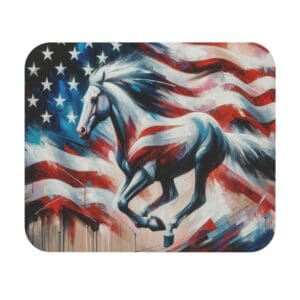 White horse with American flag background.