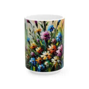 White mug with colorful flower design.