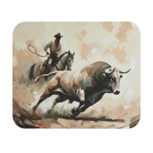 Cowboy chasing bull on horseback painting.