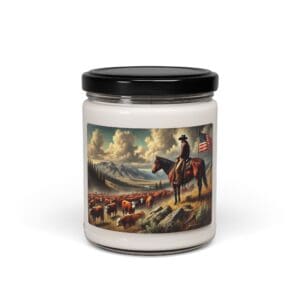 Candle jar with cowboy and cattle illustration.