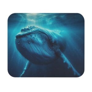 Blue whale swimming underwater with light rays.