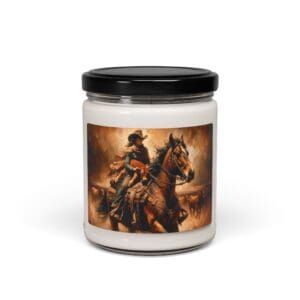Candle jar with cowboy on horseback label.