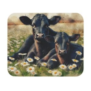 Two cows resting in a daisy field.