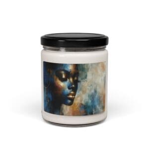 Candle jar with abstract face painting label.