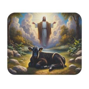 Jesus and calf in serene landscape.