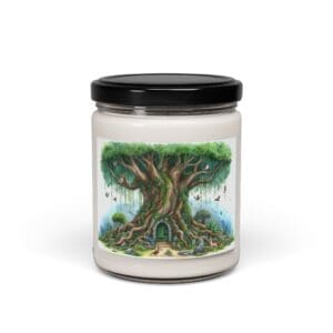 Candle jar with enchanted tree illustration.