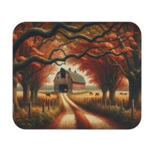 Barn and path surrounded by autumn trees.