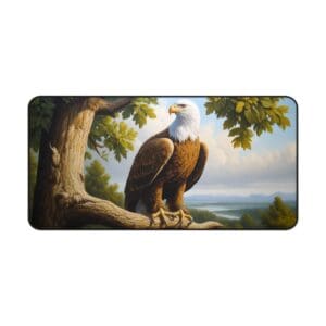 Bald eagle perched on tree branch.