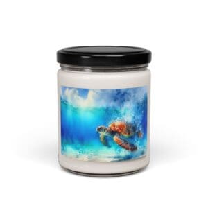 Candle jar with sea turtle illustration.