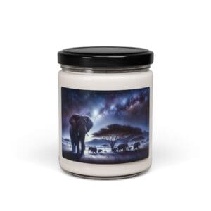 Jar candle with elephant night scene label.