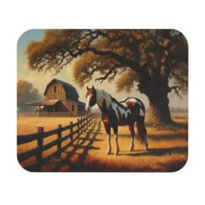 Horse near barn and tree in sunlight.