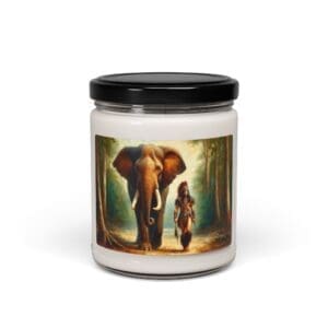 Candle jar with elephant and person illustration.