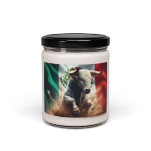 Candle jar with bull and Mexican flag.