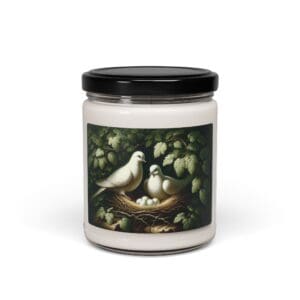 Candle jar with doves and nest design.
