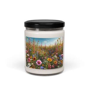 Candle jar with colorful wildflower design.