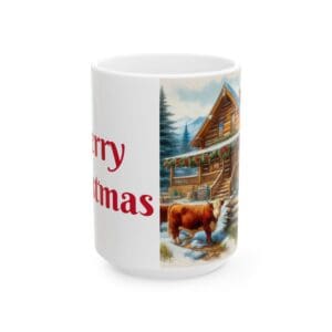 Mug with Christmas scene and festive text.