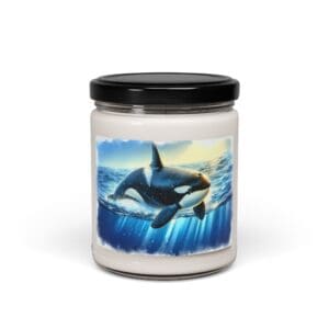 Orca-themed candle jar with black lid.