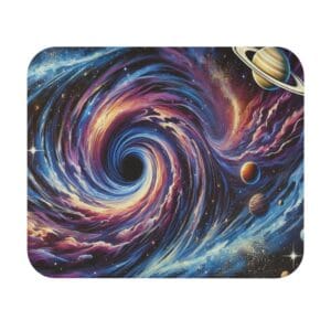 Colorful cosmic vortex with planets and stars.