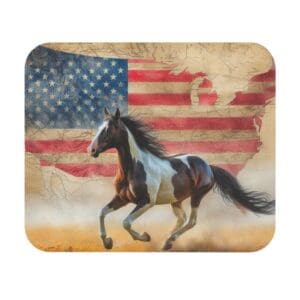 Horse running with American flag background.