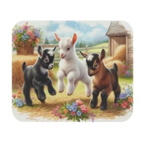 Three playful goats in a barnyard.