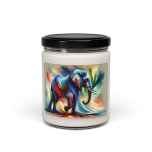 Colorful elephant artwork on candle jar.