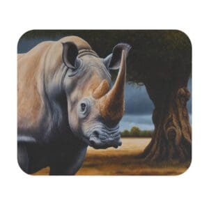 Rhino standing near tree in savanna.
