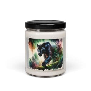 Candle jar with panther illustration label.