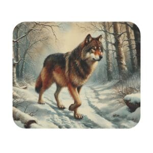 Wolf walking in snowy forest scene.
