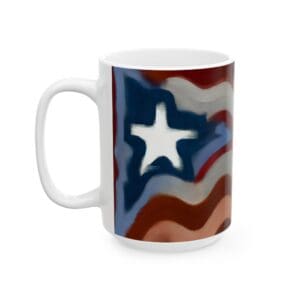 Mug with abstract American flag design.